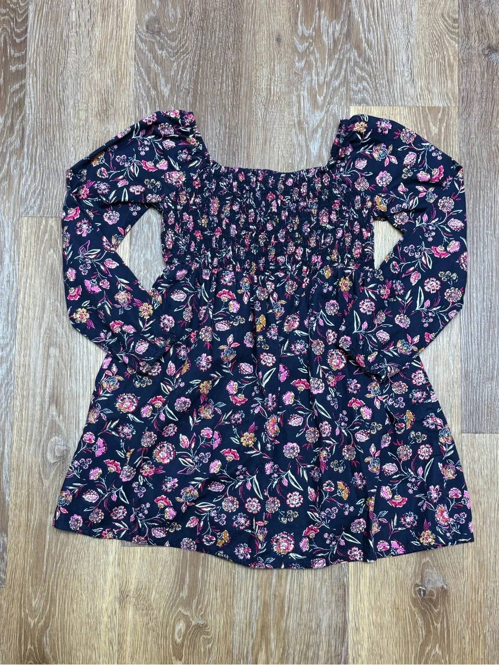 Girls Navy Floral Smocked Dress
